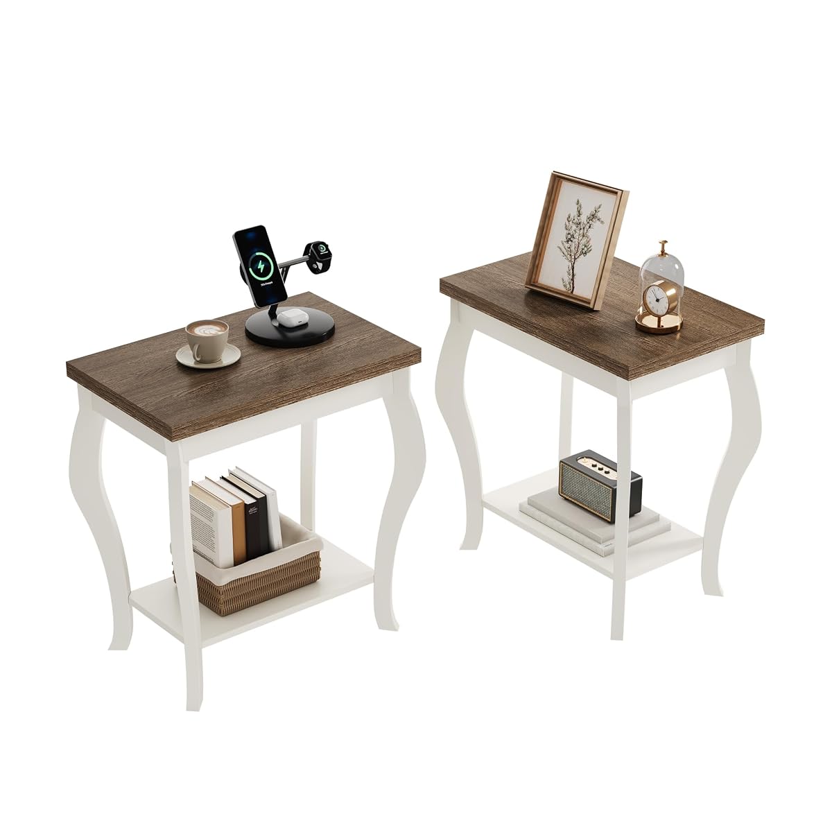 End Tables Living Room, Side Tables Living Room with Curved Legs and Storage Shelf, Small End Tables for Small Spaces, Soft White