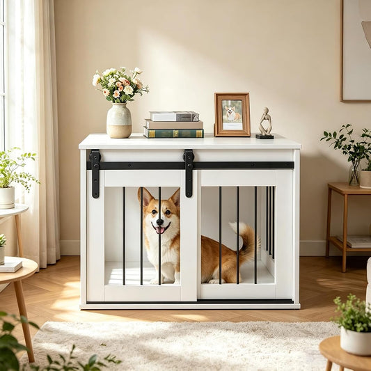 31.5" Dog Crate Furniture with Sliding Barn Door, Wooden Dog Kennel