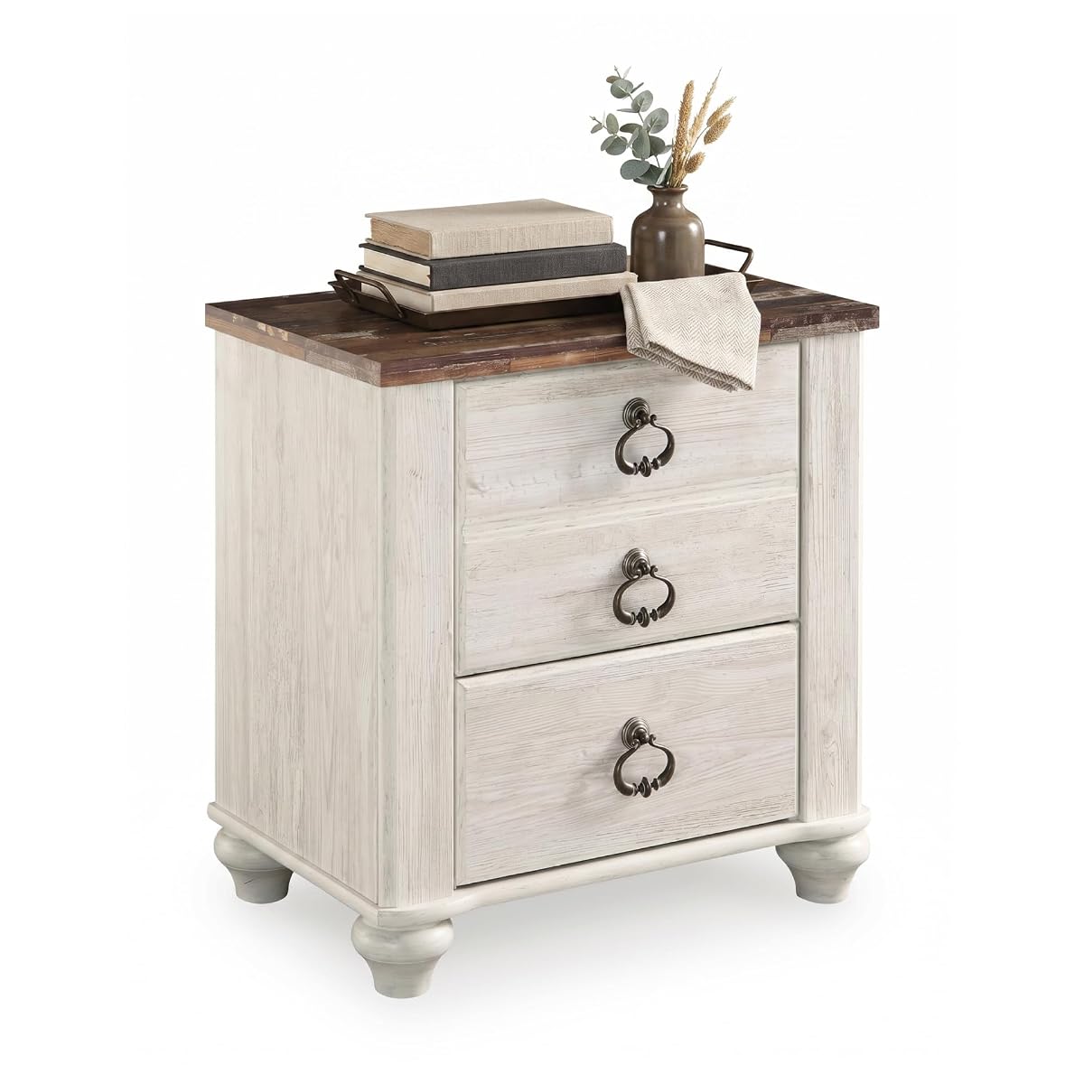 Signature Design by Ashley Willowton Farmhouse 2 Drawer Nightstand with USB Charging Ports, 25.67" Tall, Whitewash