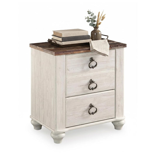 Signature Design by Ashley Willowton Farmhouse 2 Drawer Nightstand with USB Charging Ports, 25.67" Tall, Whitewash