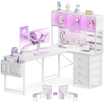 53" L Shaped Gaming Desk with Pegboard, Hutch & 4 Drawers, White