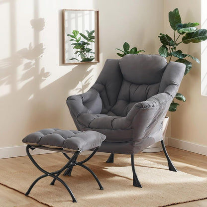Lazy Chair with Ottoman, Large Dark Grey Accent Chair with Ottoman, Comfy Reading Armchair, Leisure Sofa Chair for Living Room, Bedroom, Dorm Room, Office