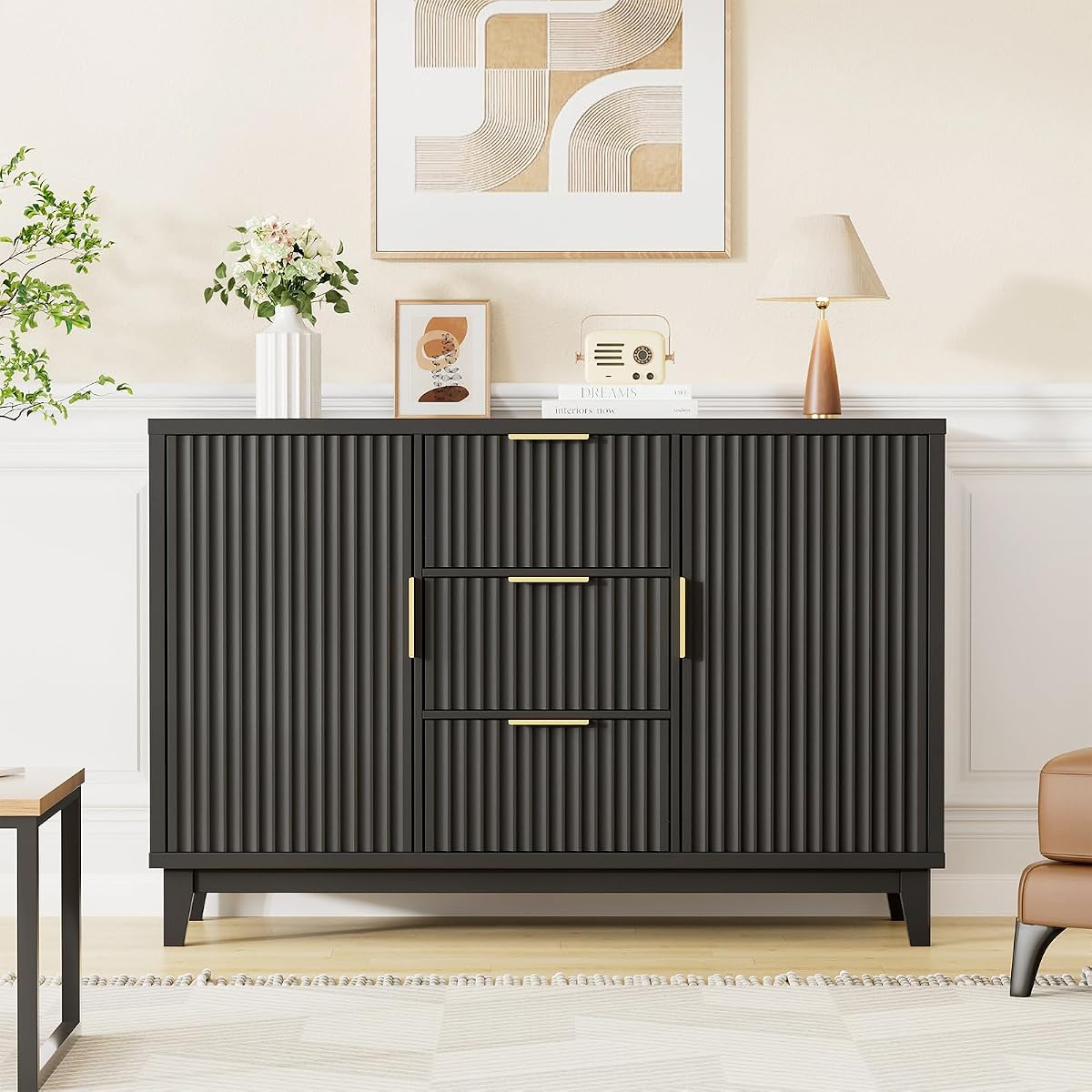 47.2" W Storage Cabinet with 3 Drawers, Fluted Buffet Cabinet with Storage
