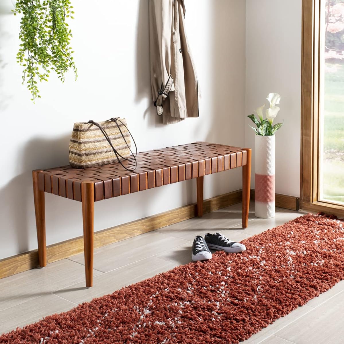 SAFAVIEH Furniture - Amalia Bench - Cognac & Dark Brown - Solid Wood - Modern Leather Design - Ideal for Entryway, Bedroom, Living Room, 18" Seat Height (BCH1001A)