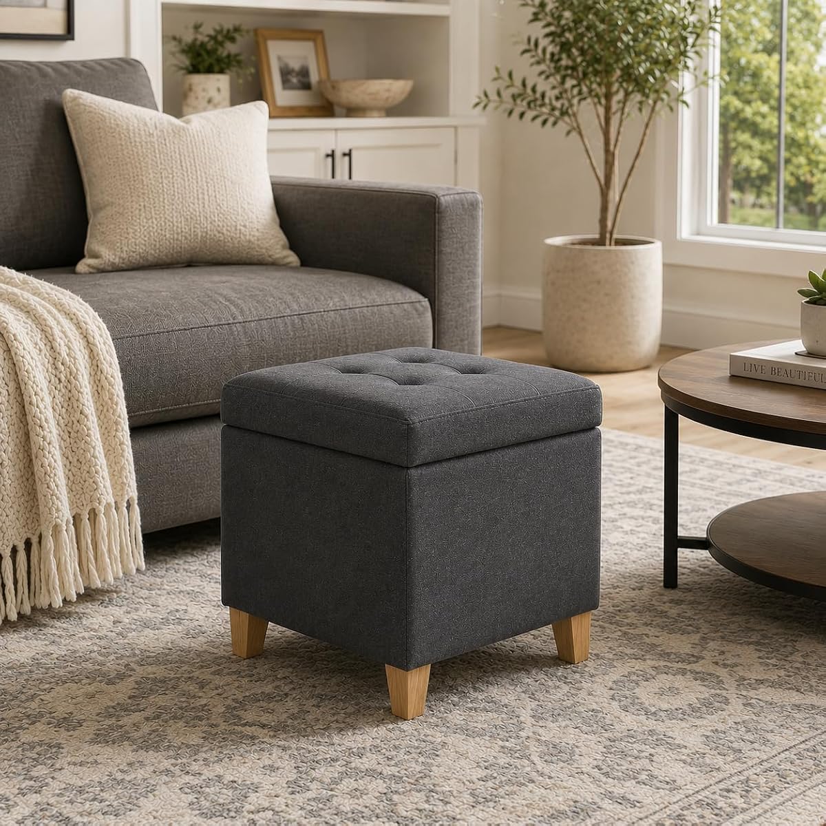 Tufted dark gray storage ottoman with lid and foot rest