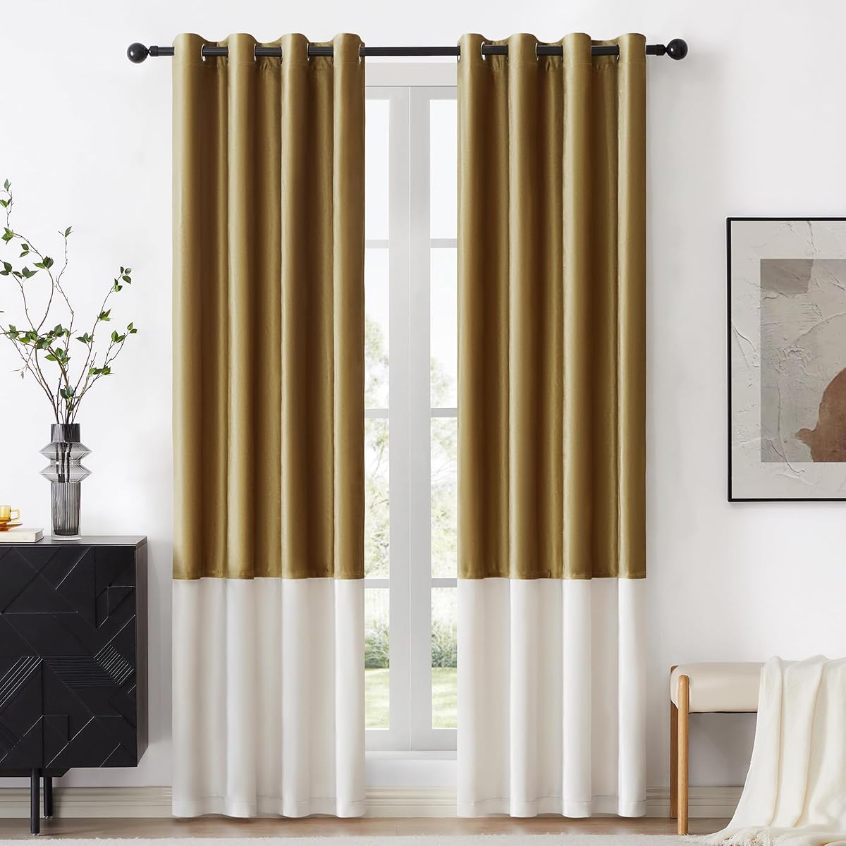 Color Block Velvet Curtains 90 inch Gold Ivory Cream Luxury Elegant Modern Living Room Curtain Light Blocking Thermal Insulated Soundproof Room Darkening Energy Saving Drapes for Bedroom Set of 2
