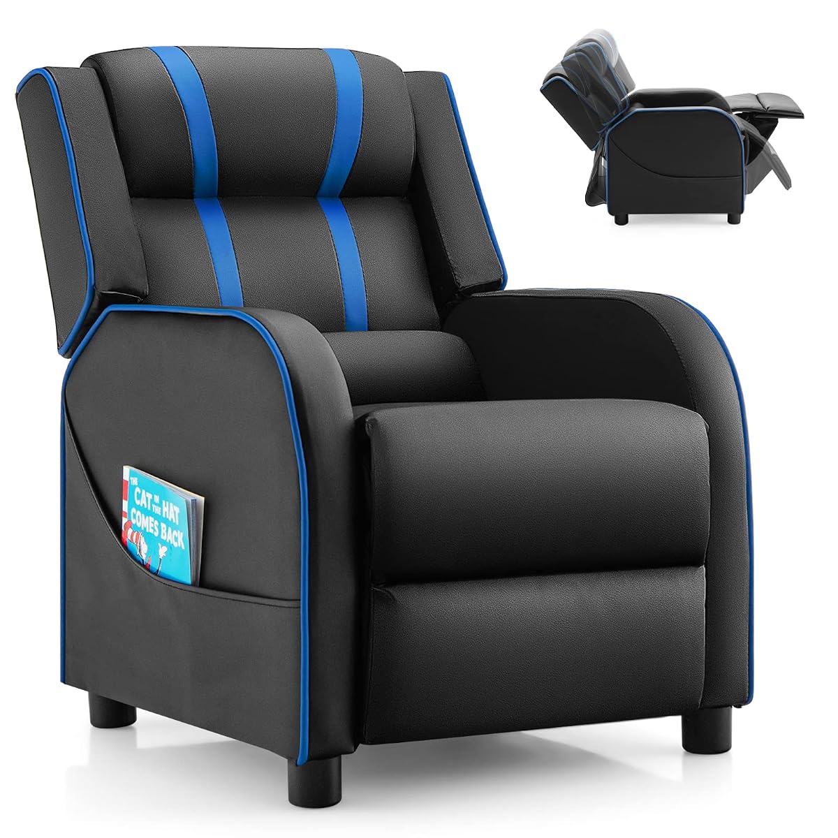 Kids Recliner, Gaming Recliner Chair w/Side Pockets, Footrest, Headrest & Lumbar Support for Kids Room & Play Room, Adjustable Racing Style Leather Sofa for Children Boys Girls (Blue, Black)