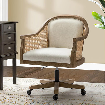Rattan Desk Chair, Wooden Upholstered Home Office Chair, Ivory