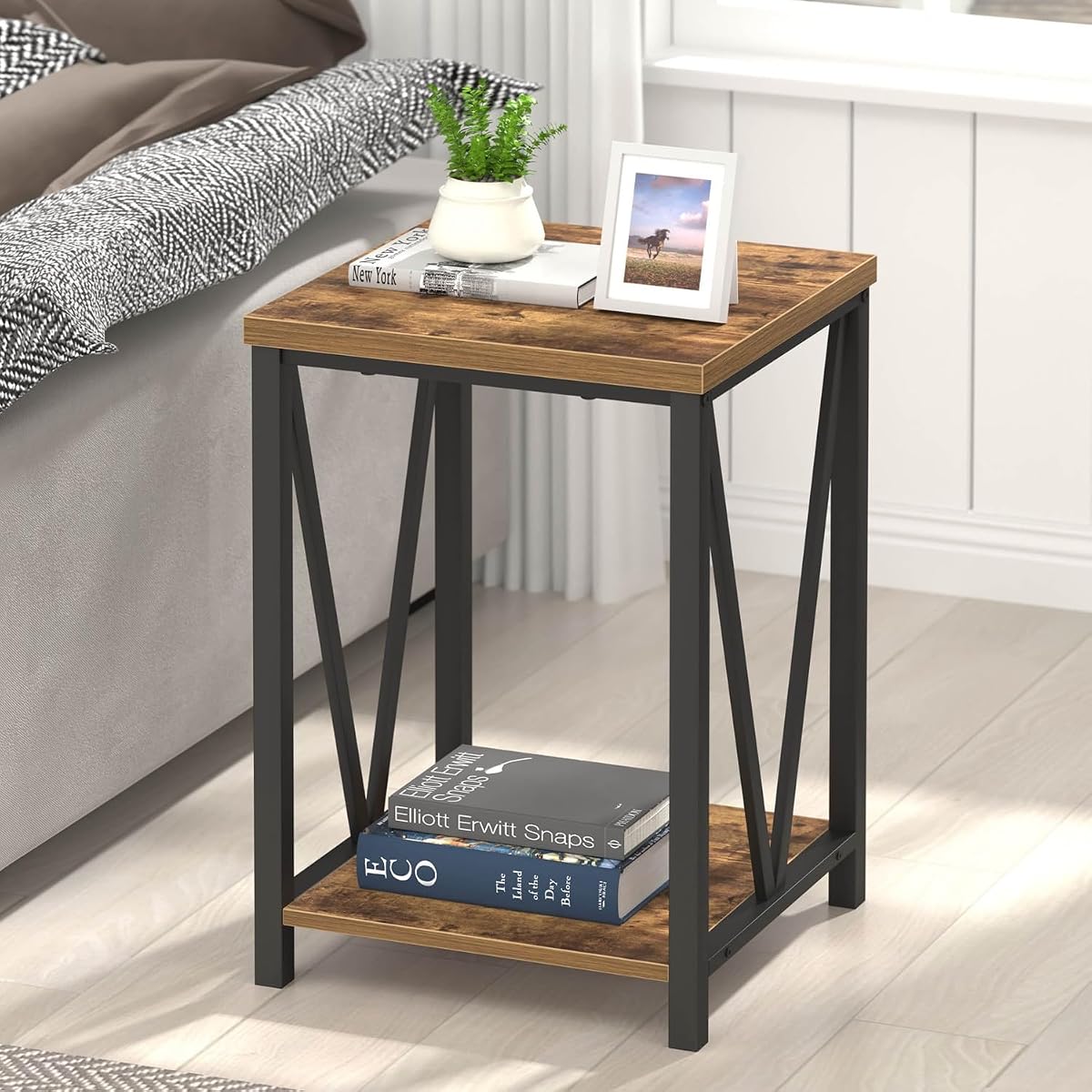 End Table, Square Side Tables for Living Room, Industrial Metal and Wood Nightstand for Bedroom, Rustic Brown