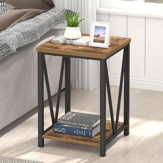 End Table, Square Side Tables for Living Room, Industrial Metal and Wood Nightstand for Bedroom, Rustic Brown
