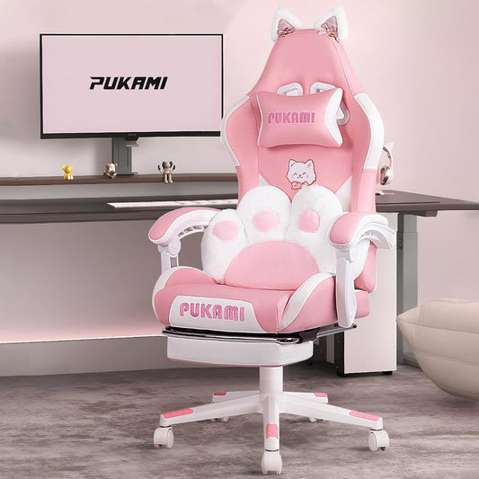 Pink Gaming Chair Cute with Cat Ears and Cat Paw Lumbar Cushion, Ergonomic Computer Chair for Girl with Footrest and Headrest, Comfortable Reclining PC Game Chair for Adult, Teen (Pink)