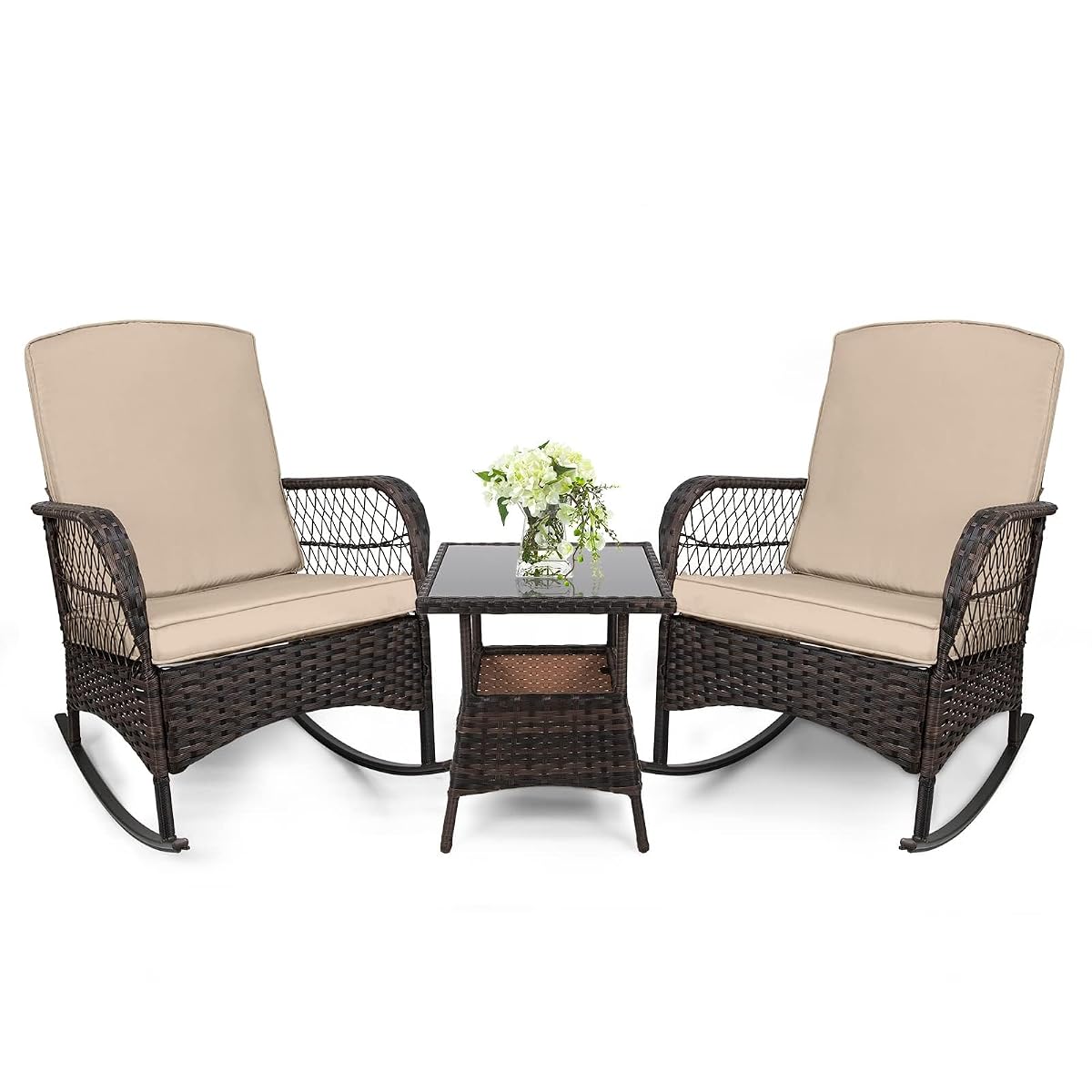 3 pcs Rocking Bistro Set Conversation Chairs PE Wicker Outdoor Rocking Chairs & Glass Table,for Porch Lawn Garden Backyard Deck(Rocking Set,Khaki)