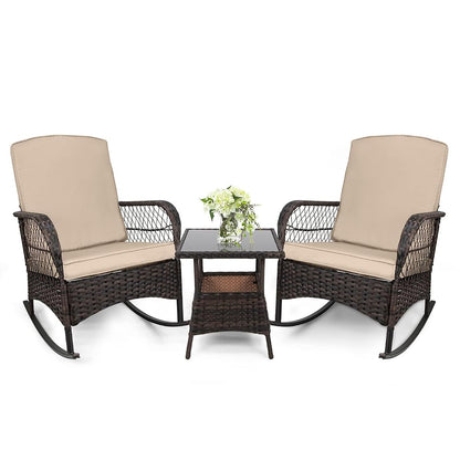 3 pcs Rocking Bistro Set Conversation Chairs PE Wicker Outdoor Rocking Chairs & Glass Table,for Porch Lawn Garden Backyard Deck(Rocking Set,Khaki)