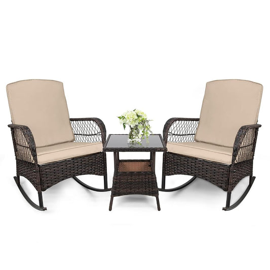3 pcs Rocking Bistro Set Conversation Chairs PE Wicker Outdoor Rocking Chairs & Glass Table,for Porch Lawn Garden Backyard Deck(Rocking Set,Khaki)