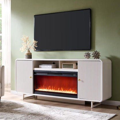 70" Fluted Fireplace TV Stand for 80 Inch TV, Modern Entertainment Center w/36'' Electric Fireplace, Wood Media Console w/Curved Profile Design and Adjustable Shelves for Living Room, White