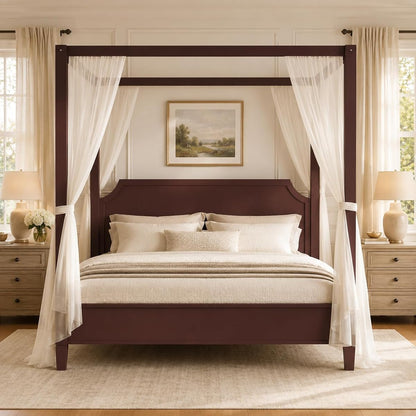 King Size Wooden Canopy Bed Frame Walnut Vintage Rustic