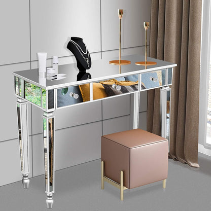 Mirrored Console Table, Coast Mirrored Desk, Makeup Desk Vanity Dressing Table for Women with 3 Drawers Silver at Hallway or Bedroom, Side Table 42''L x 15''W x 30''H