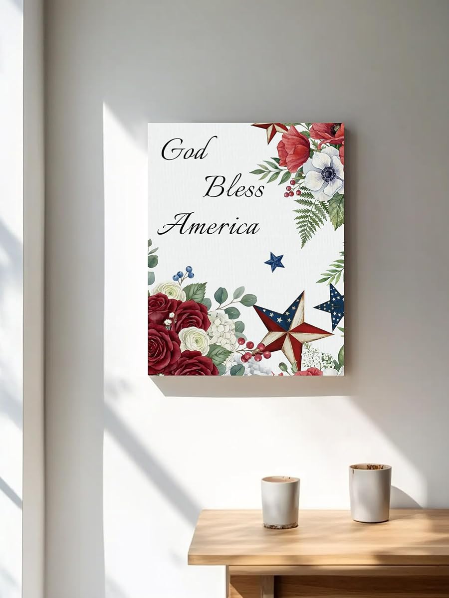 NuYeBiofx Independence Day Floral Star Canvas Wall Art Prints,48"x32" Framed Picture Artwork God Bless America Quote Printed Canvas Oil Painting for Living Room Bedroom Office,Ready to Hang