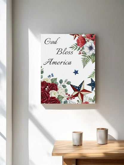 NuYeBiofx Independence Day Floral Star Canvas Wall Art Prints,48"x32" Framed Picture Artwork God Bless America Quote Printed Canvas Oil Painting for Living Room Bedroom Office,Ready to Hang
