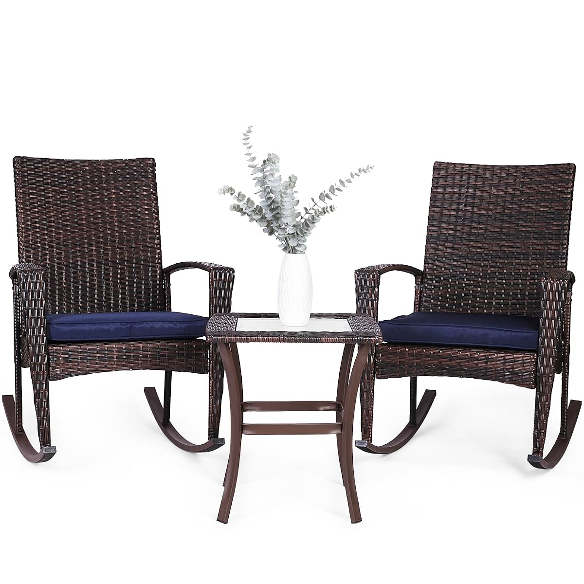 3 Piece Wicker Rocking Chair Patio Furniture Sets, Outdoor Wicker Bistro Rattan Chair Conversation Sets with Cushions and Coffee Table, Navy and Brown