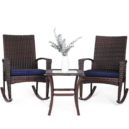 3 Piece Wicker Rocking Chair Patio Furniture Sets, Outdoor Wicker Bistro Rattan Chair Conversation Sets with Cushions and Coffee Table, Navy and Brown