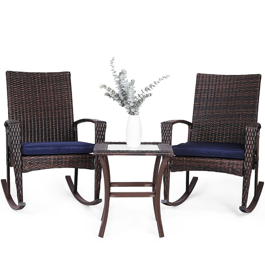 3 Piece Wicker Rocking Chair Patio Furniture Sets, Outdoor Wicker Bistro Rattan Chair Conversation Sets with Cushions and Coffee Table, Navy and Brown