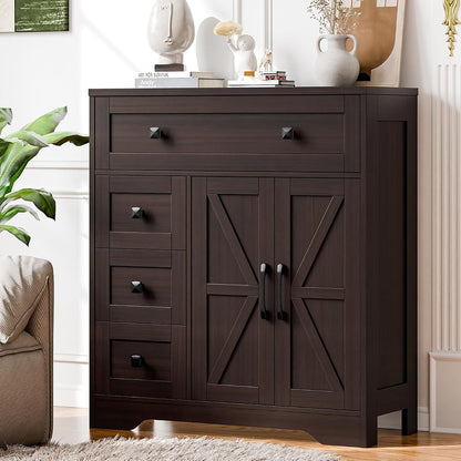 Farmhouse Storage Cabinet with 2 Doors and 4 Drawers, Freestanding Bathroom Storage Cabinet Kitchen Pantry, Floor Cupboard for Living Room/Bathroom/Kitchen,Espresso