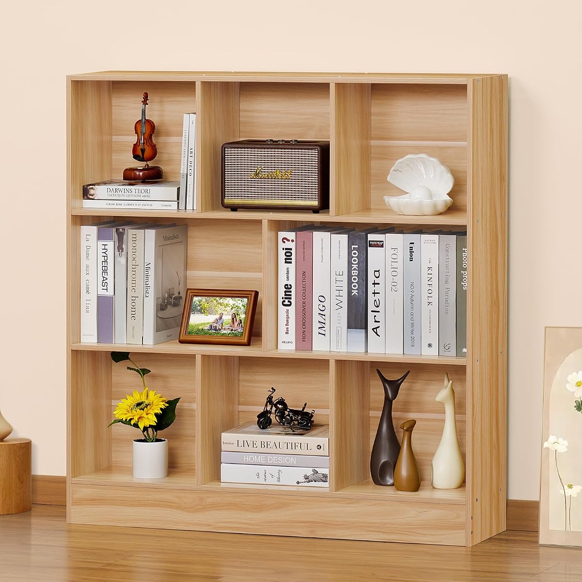 8 Cube Bookshelf with Base,3 Tier Mid-Century Modern Natural Bookcase,Standing Wide Bookshelves Storage Organizer Shelf,Rustic Wood Display Cabinet Book Shelves for Bedroom,Living Room,Office