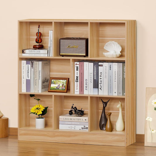 8 Cube Bookshelf with Base,3 Tier Mid-Century Modern Natural Bookcase,Standing Wide Bookshelves Storage Organizer Shelf,Rustic Wood Display Cabinet Book Shelves for Bedroom,Living Room,Office