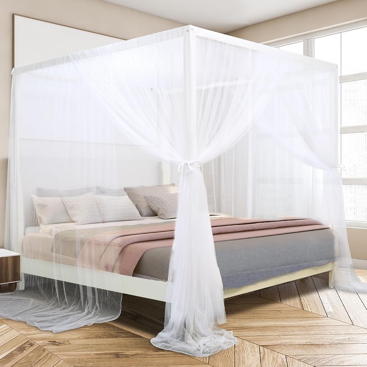 Canopy Bed Curtains for King/Queen Size Bed, White