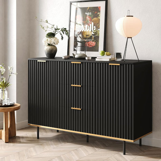 Fluted Sideboard Buffet Cabinet with Storage, 47.2" Modern Coffee Bar Station with Adjustable Shelves and Doors, Wood Accent Cupboard for Dining Room, Entryway, Living Room, Black