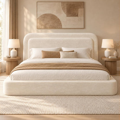 Upholstered Cloud Bed Frame Queen with Plush Padded Headboard, Beige