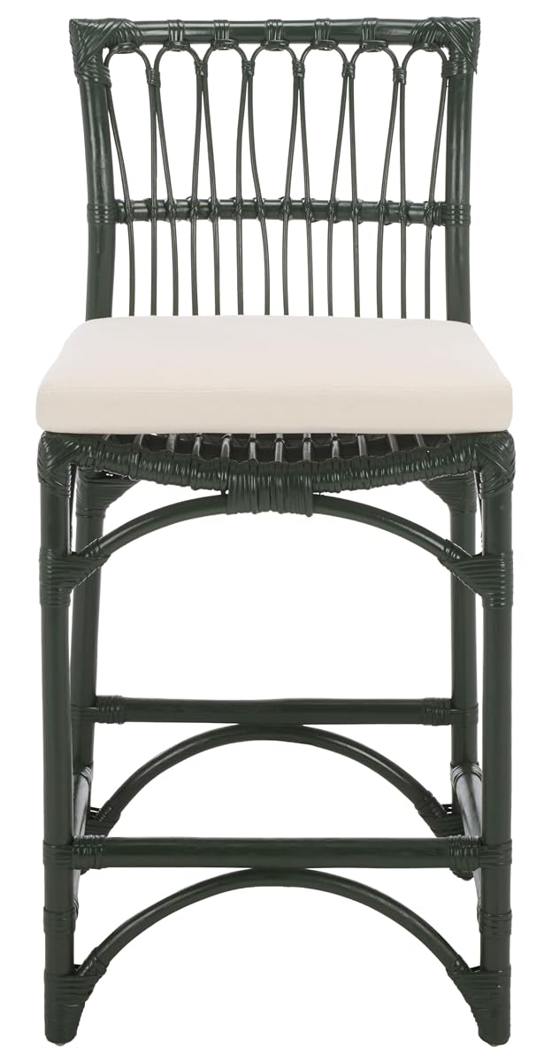 SAFAVIEH Furniture - Zorianna 23.6" Seat Height Counter Stool - White & Forest Green - Handwoven Rattan Design - Fully Assembled - Ideal for Kitchen, Dining Room & Kitchen Island (BST6508D)