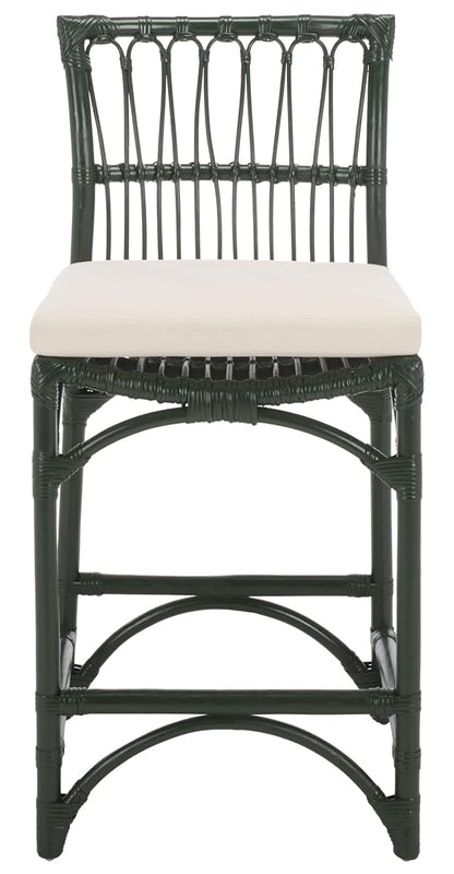 SAFAVIEH Furniture - Zorianna 23.6" Seat Height Counter Stool - White & Forest Green - Handwoven Rattan Design - Fully Assembled - Ideal for Kitchen, Dining Room & Kitchen Island (BST6508D)