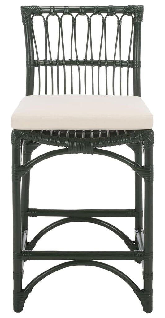 SAFAVIEH Furniture - Zorianna 23.6" Seat Height Counter Stool - White & Forest Green - Handwoven Rattan Design - Fully Assembled - Ideal for Kitchen, Dining Room & Kitchen Island (BST6508D)