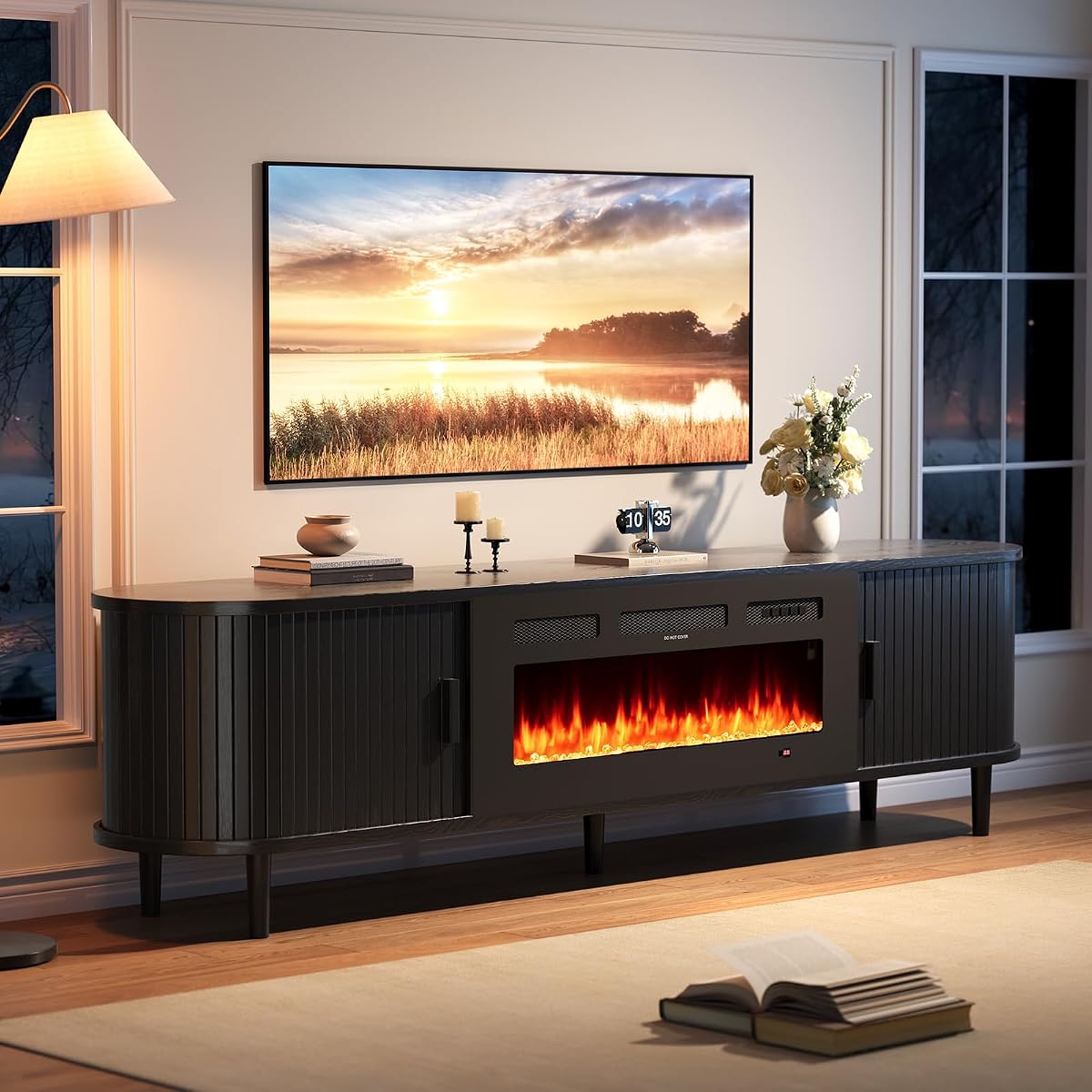 70" Mid Century Modern TV Stand with Fireplace, Fluted Fireplace TV Stand