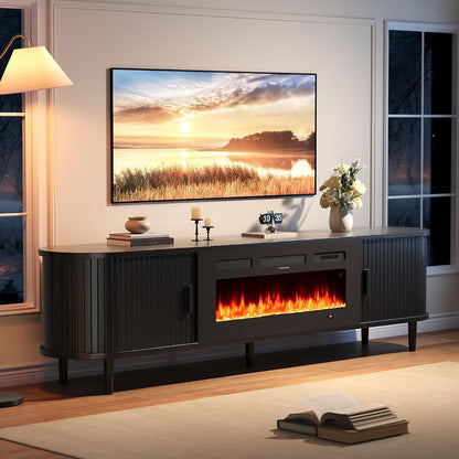 70" Mid Century Modern TV Stand with Fireplace, Fluted Fireplace TV Stand