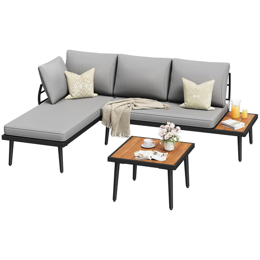 Outdoor Sectional Sofa Set L-Shaped Metal Patio Furniture with All-Weather Cushions and Built-in Side Coffee Table for Garden, Lawn, Backyard, Poolside, Gray