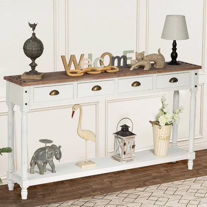 Farmhouse Console Table with 4 Drawers, 60" Long Narrow, White | Boho Sofa Foyer Stand with Large Storage Space, Solid Wood Frame and Legs for Entryway, Hallway, Living Room