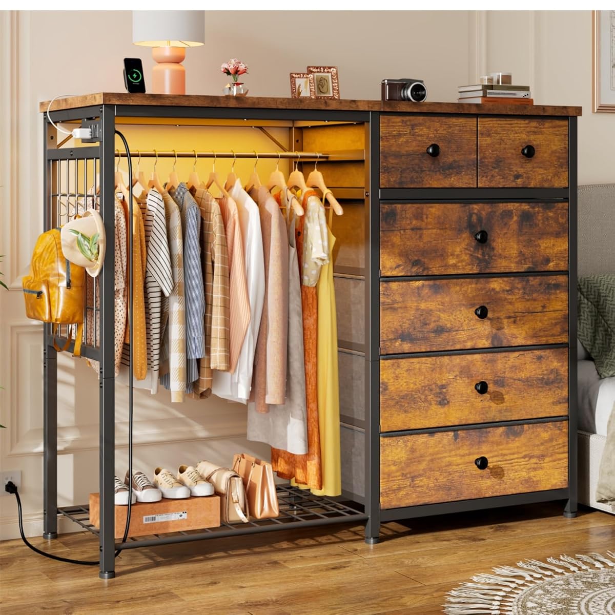 49.2" W Dresser with Hanging Rack & 6 Drawers, Grid Panel & 4 Hooks