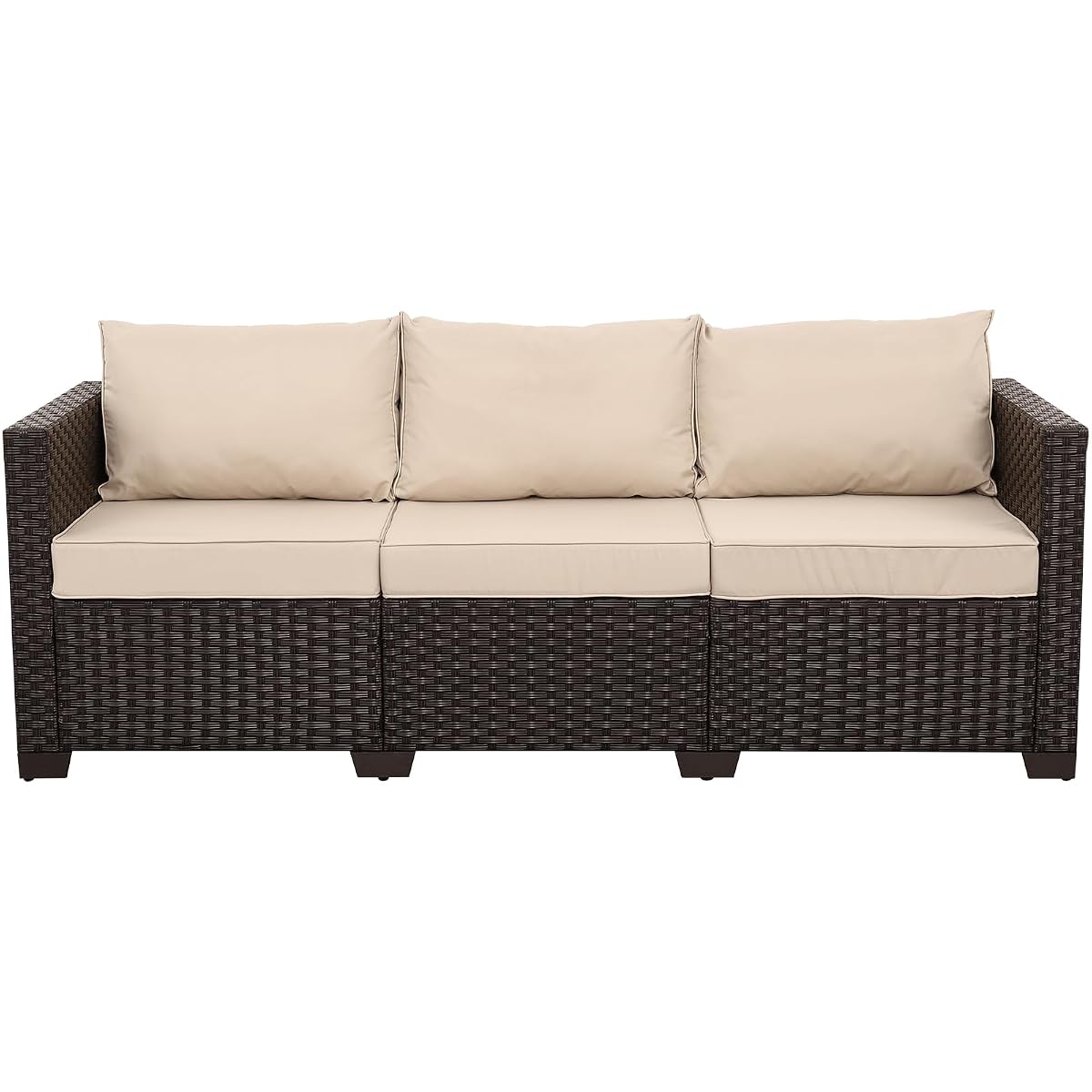 Patio Couch PE Rattan 3-Seat Outdoor Sofa Brown Wicker Furniture Set Deep Seating with Anti-Slip Beige Cushion