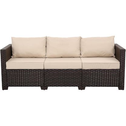 Patio Couch PE Rattan 3-Seat Outdoor Sofa Brown Wicker Furniture Set Deep Seating with Anti-Slip Beige Cushion