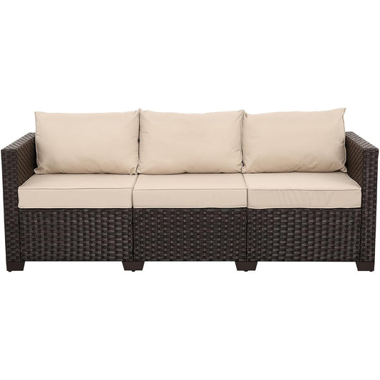 Brown three-seat rattan outdoor sofa with beige cushions