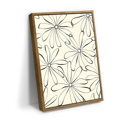 Black Line Daisy Flower Pattern Wall Art Canvas Print, minimal floral line art artwork in black and cream for bedroom, bedroom, office, apartment, modern farmhouse, and(20x30Inch,Light Oak Framed