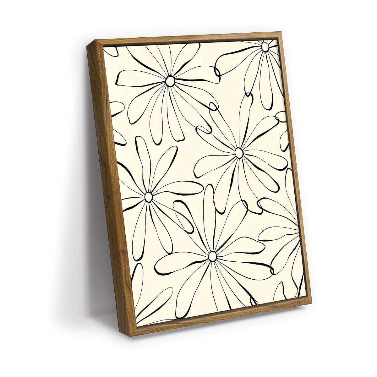 Black Line Daisy Flower Pattern Wall Art Canvas Print, minimal floral line art artwork in black and cream for bedroom, bedroom, office, apartment, modern farmhouse, and(24x36Inch,Light Oak Framed