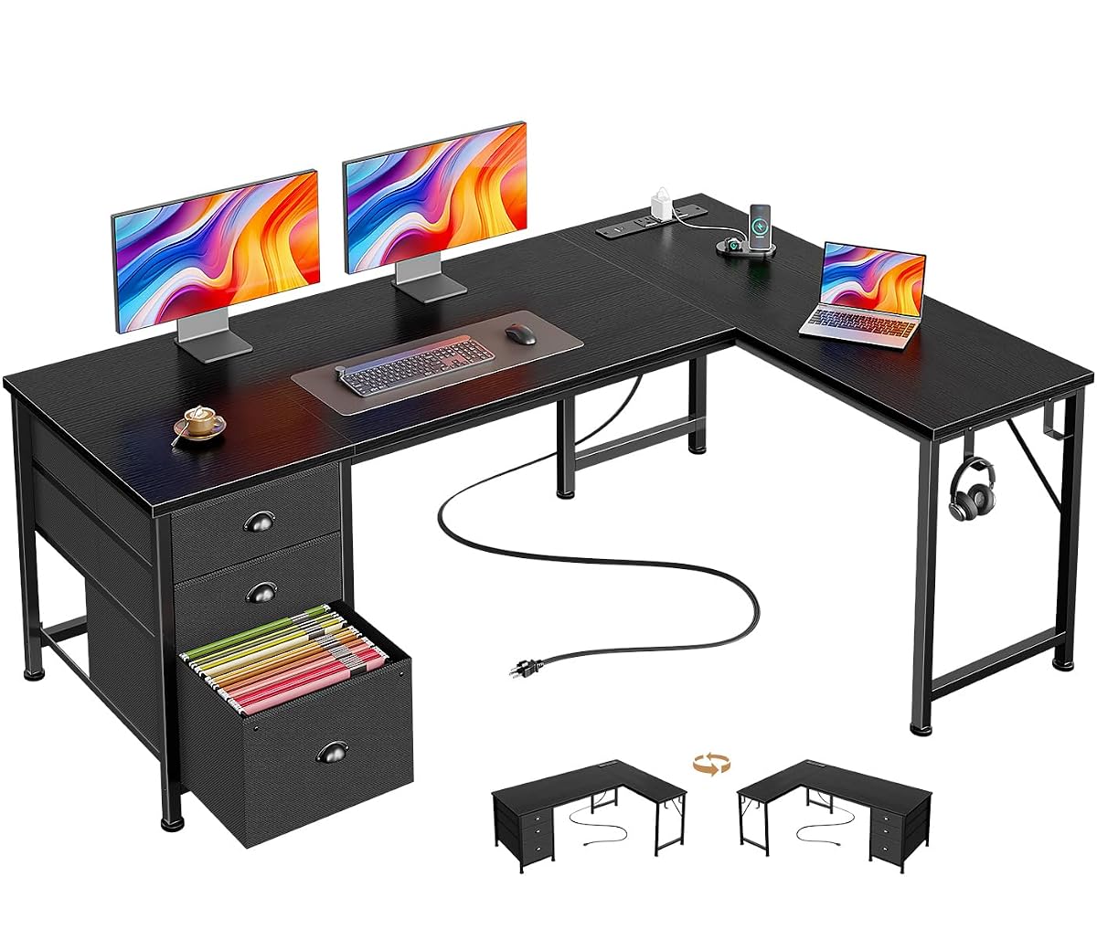 63" L Shaped Desk, Computer Corner Desk with Outlets, Black