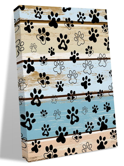 NuYeBiofx Farm Dog Paw Retro Wood Grain Canvas Wall Art Prints,40"x28" Framed Picture Artwork Rustic Animal Footprints Wooden Printed Canvas Oil Painting for Living Room Bedroom Office,Ready to Hang