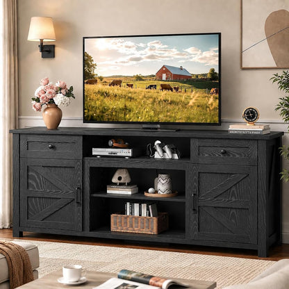 TV Stand for 75/70 Inch TV, Entertainment Center with Storage & Power Outlet, Farmhouse Media Console Cabinet with Drawers and Adjustable Shelves for Living Room, Black