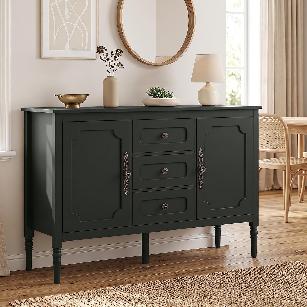 47" Buffet Cabinet with Storage, 3-Drawer Sideboard Cabinet, Green