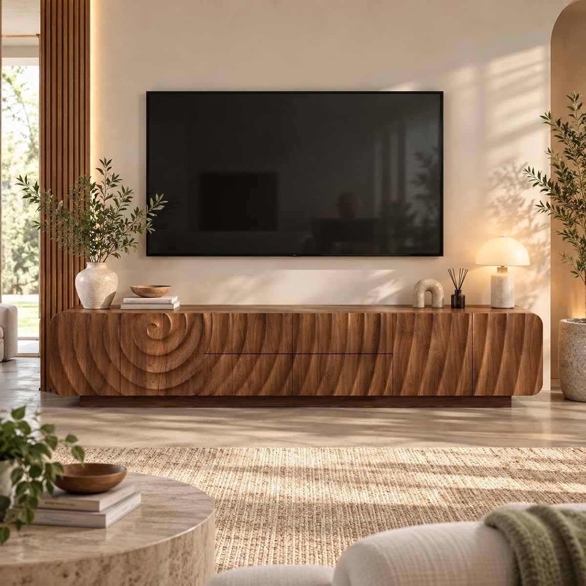 86" TV Console, Spiral Wave Design, 4 Drawers, Media Storage, Walnut